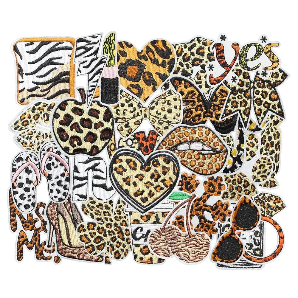 

28PCS Leopard Print Fashion Iron on Patches Set, Trendy Animal Pattern Embroidered Appliques, DIY Iron On Patches for Clothes