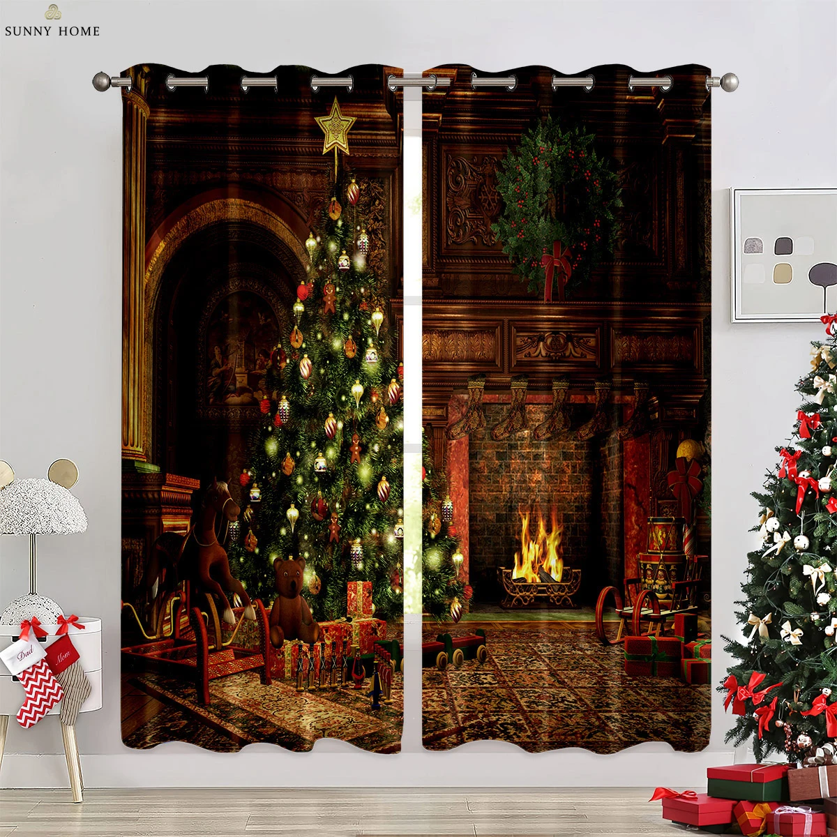 

Christmas Curtains Fireplace Christmas Tree Snowman Decoration Curtains Bedroom Living Room Kitchen Window Curtains 2PCS