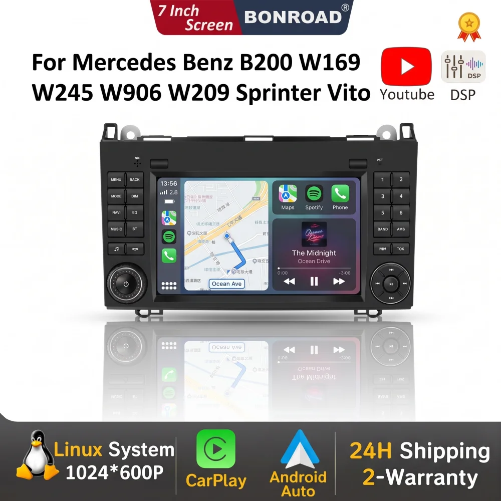 BONROAD Autoradio 7'' CarPlay Android Auto per Mercedes Benz B200 Classe A B W169 W245 Viano Vito W639 Sprinter W906 con GPS Navi BT Youtube FM RDS DSP Accessori Telecamera Posteriore