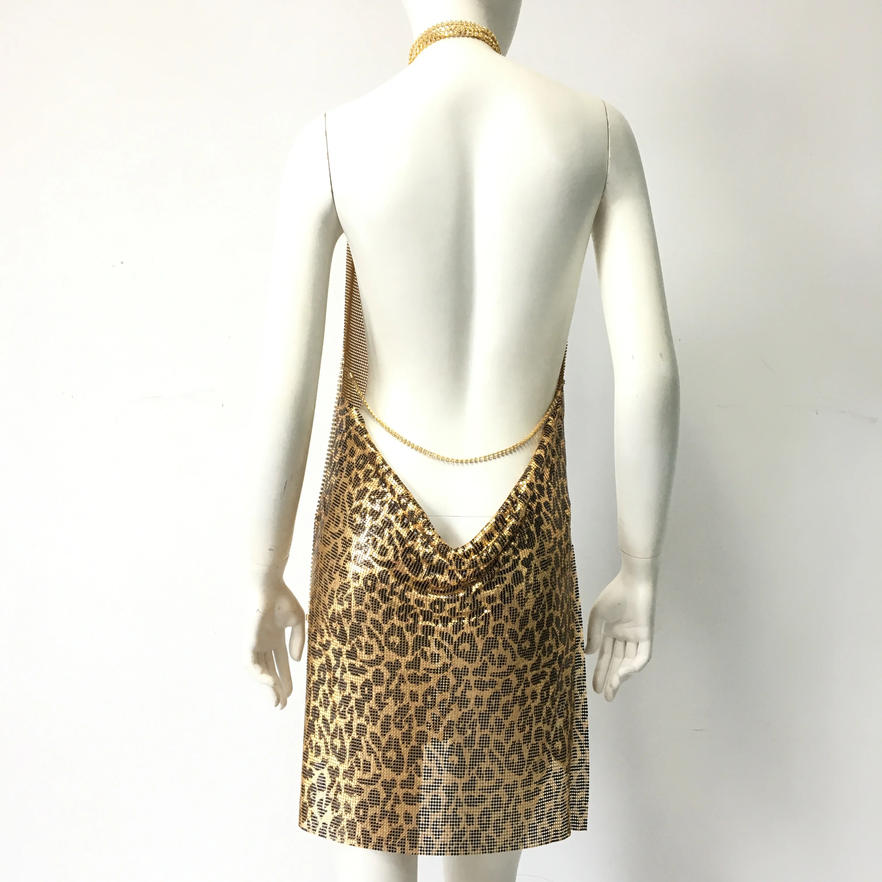 Women Leopard Print Metal Sequins Mini Dress Summer Sexy Deep V Neck Backless Halter Neck Party Dress Nightclub Streetwear