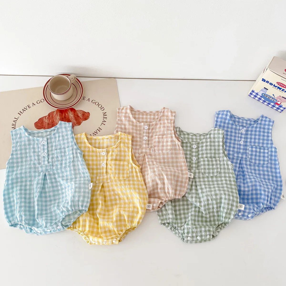 2024 Summer Baby Clothing Plaid Infant Boys Girls Bodysuit Sleeveless One Piece Toddler Outfit