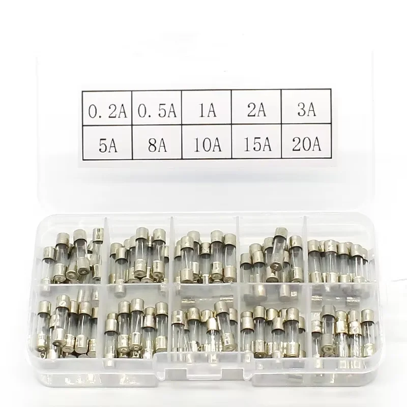 100 pièces dans la boîte 5x20mm Kits assortis de fusibles de Tube de verre à soufflage rapide, fusibles en verre à soufflage rapide 0,2A ~ 20AF