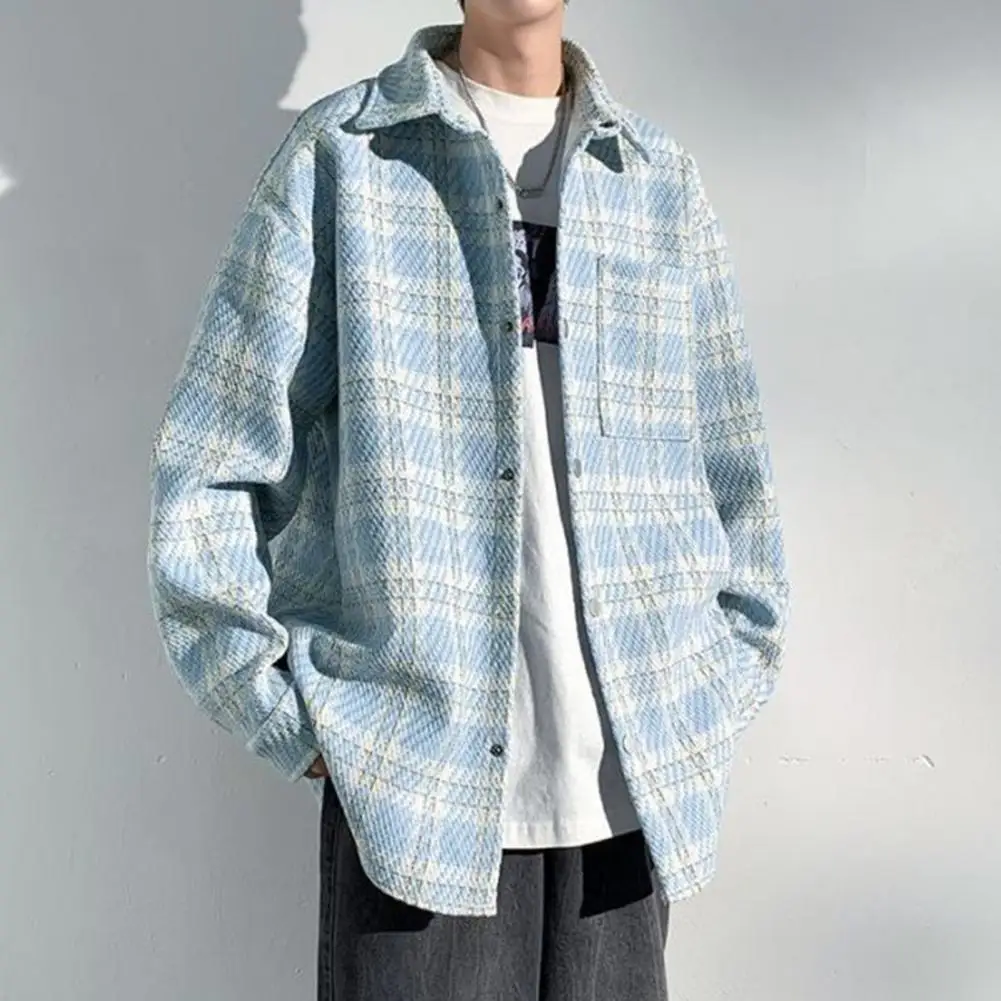 Single-breasted Woolen Coat Men's Plaid Print Woolen Coat Stylish Lapel Jacket with Pockets Loose Fit Single-breasted for Autumn