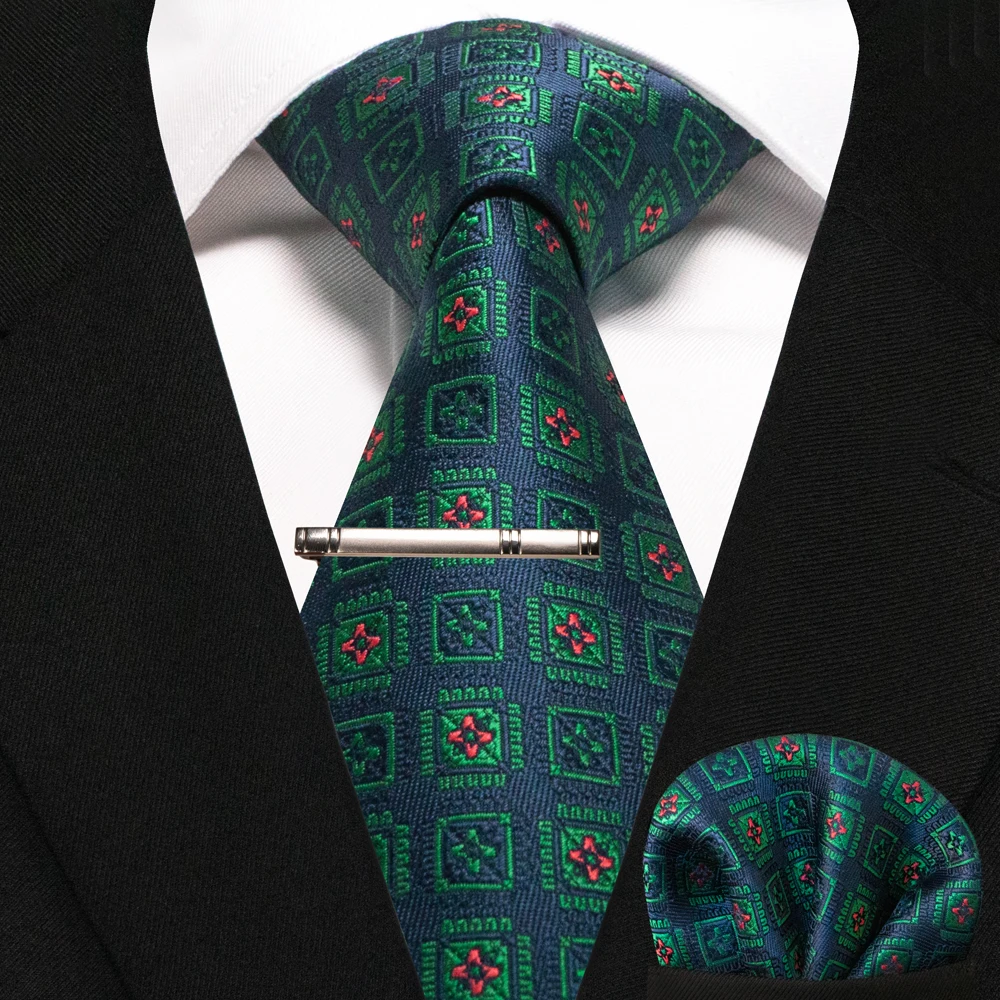 JEMYGINS Business-Krawatte für Herren, Seidenkrawatte in Marineblau, gestreifte Paisley-Krawatte, Einstecktuch, Krawattenklammern, Set für Hochzeit, Party, Geschenk – Detail 14