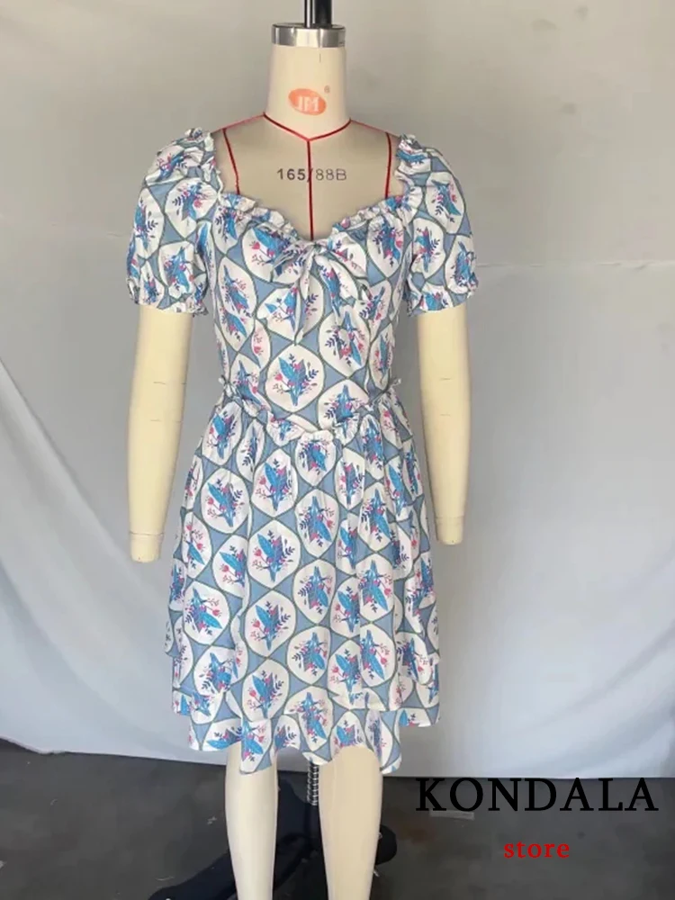 Kondala boho azul floral impressão mini vestido feminino laço de manga curta babados moda 2022 vestido de verão elegante mujer vestidos