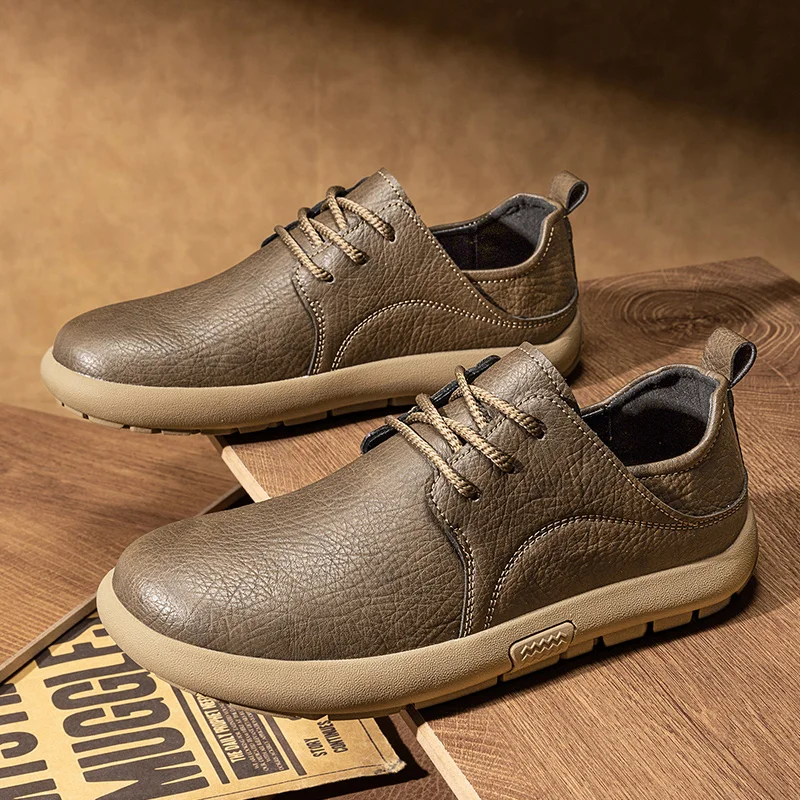 

British Style Khaki Wide Toe Men's Casual Shoes Comfortable Lace-up Leather Shoes For Men Low-cut Barefoot Shoes Man Big Size 46