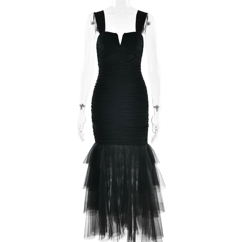 섹시한 스플라이스 맥시 드레스, 스파게티 스트랩, 여성용 몸체를 감싸는 메쉬 롱 드레스, 슬릿이 있는 스플라이스 시폰 맥시 드레스 25벌