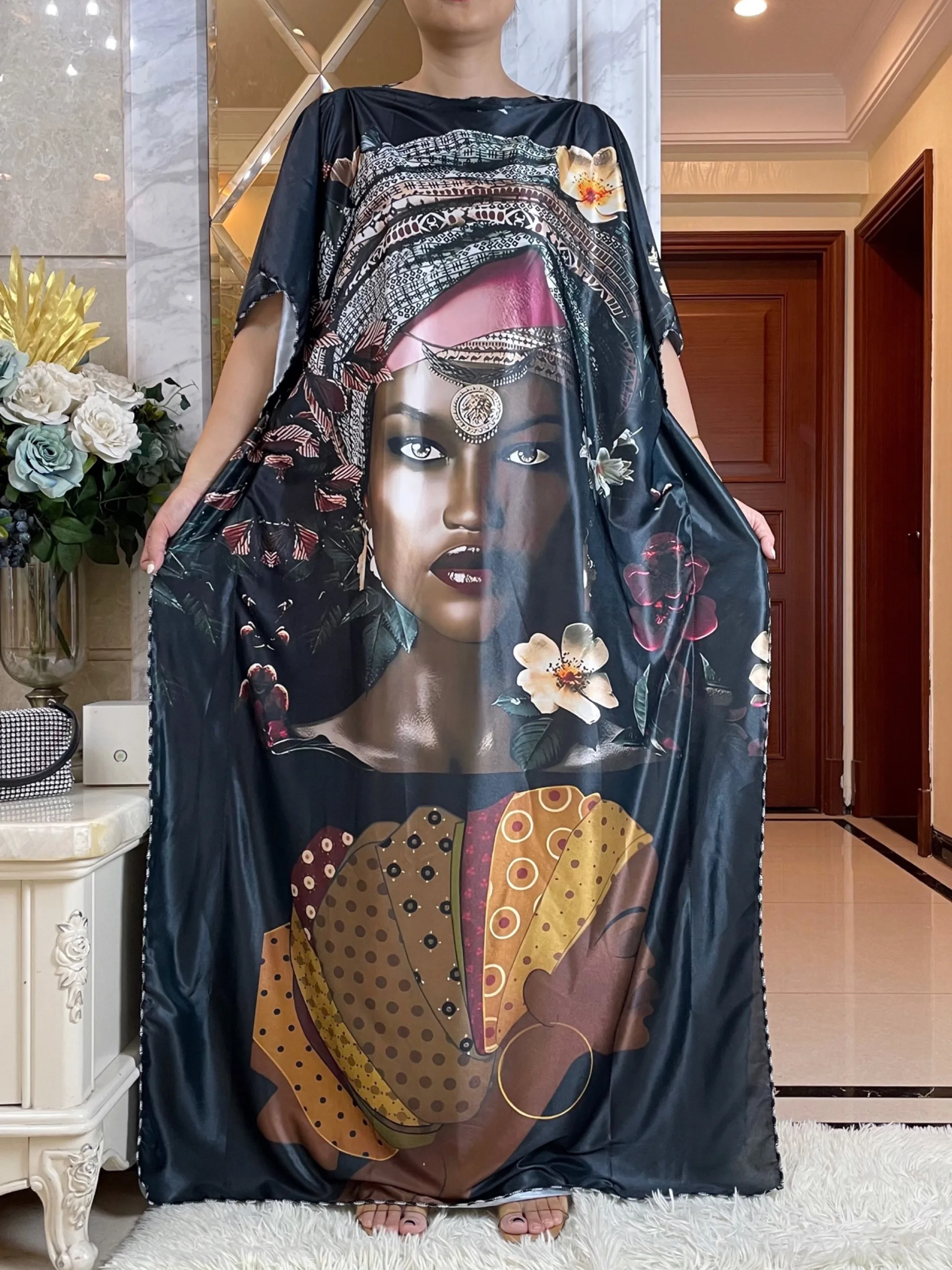 New Abayas For Women  Printed Fabric Soft Loose Femme Robe Muslim Summer Fashion Clothing African Islam Woman Dress With Turban