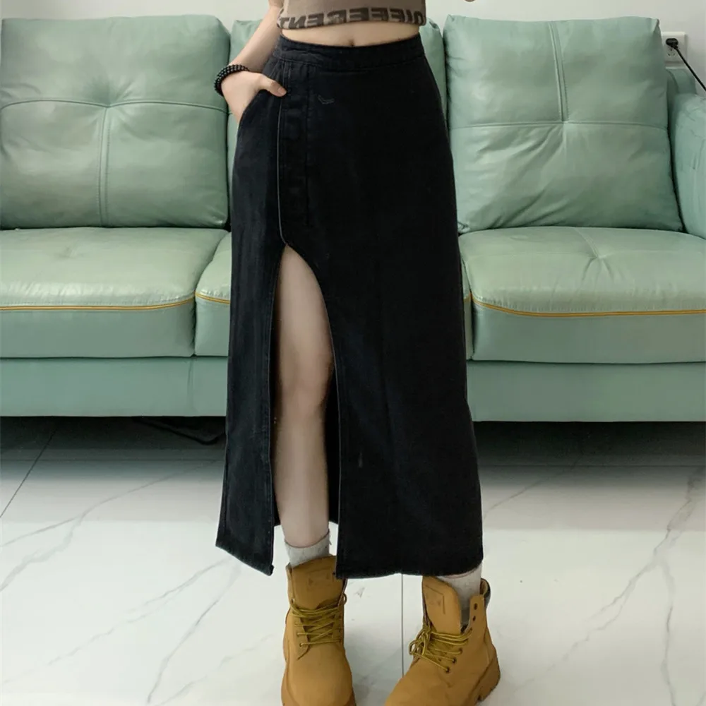 European American Jeans Skirt Y2k Women Denim Long Skirts Summer Vintage Maxi Skirt Side Split Denim Skirt Women Long Korea