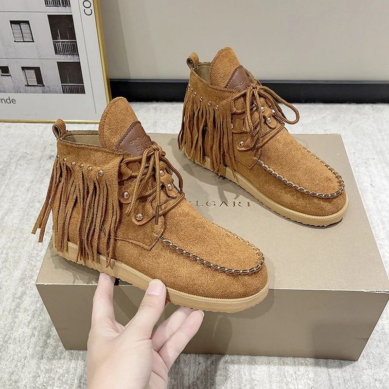 

Women's Fashionable Vintage Ribbon-Decorated Plus-Size Fringed Ankle Boots - American Style, Western Cowboy Style Chelsea Boots