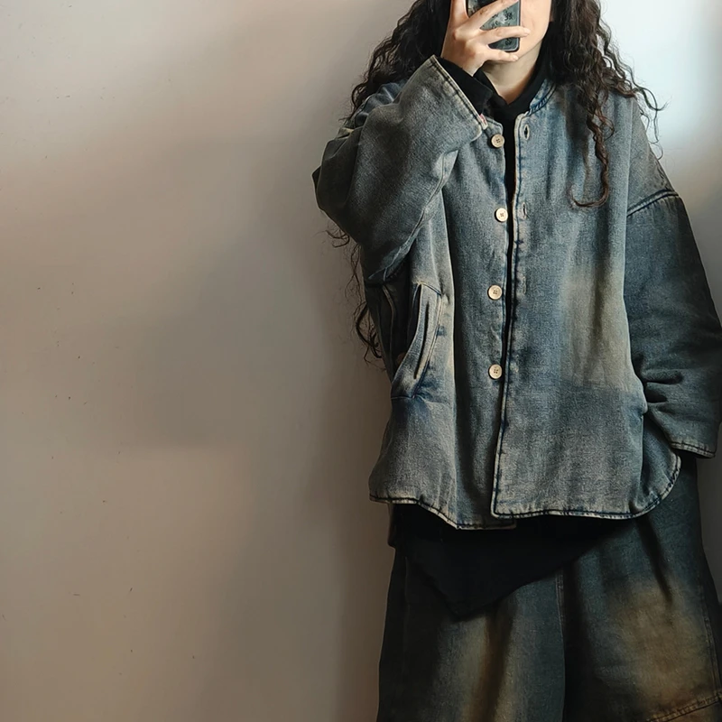 Neue Ankunft Winter Frauen Oansatz Einreiher Lange Ärmel Verdickt Parkas Lose Beiläufige Gute Qualität Baumwolle Denim Mäntel Y129