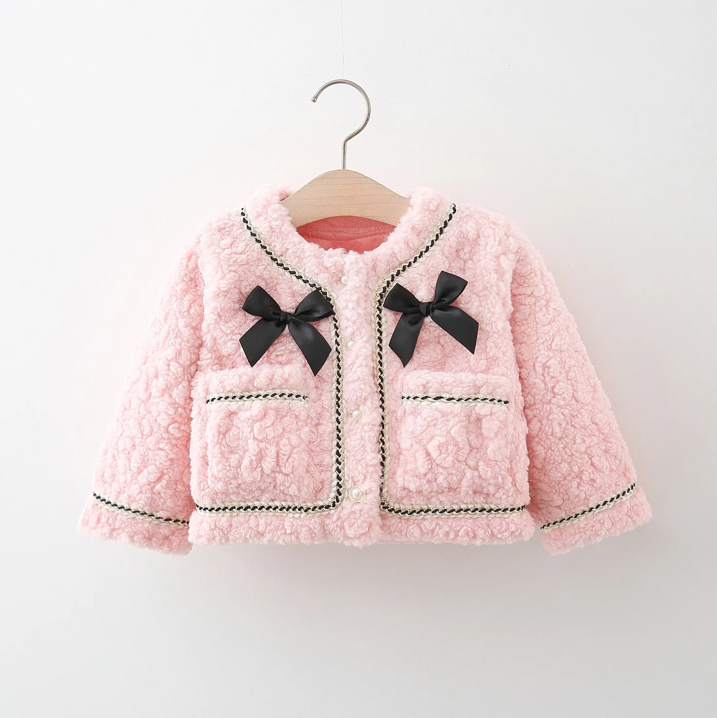 

Autumn Winter Baby Girl Coat Bow Pearl Buttons Pink Long Sleeve Plush Coat for Elegant Girl Party Costume