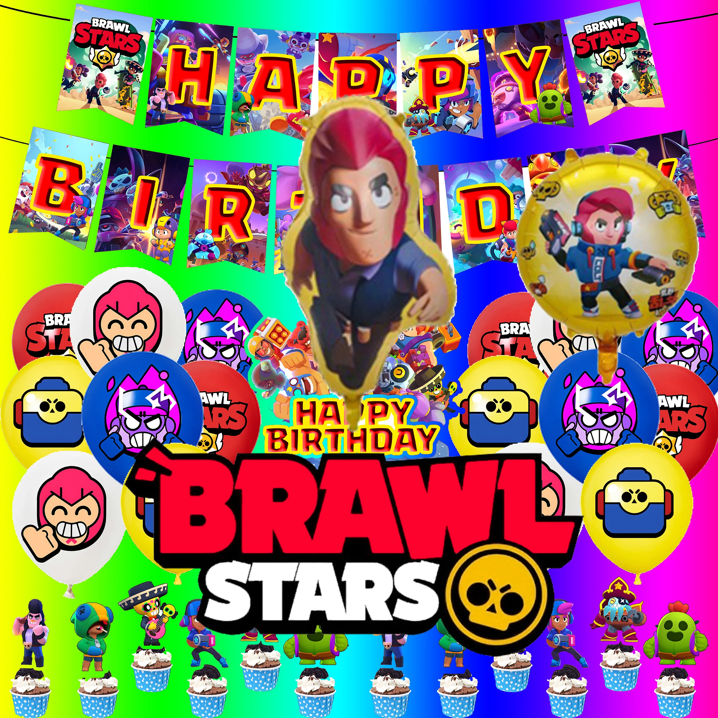 Balloons Brawl Stars Party Decoration Happy Birthday Banner Game Background Cake Topper Stickers Disposable Tableware Keychain