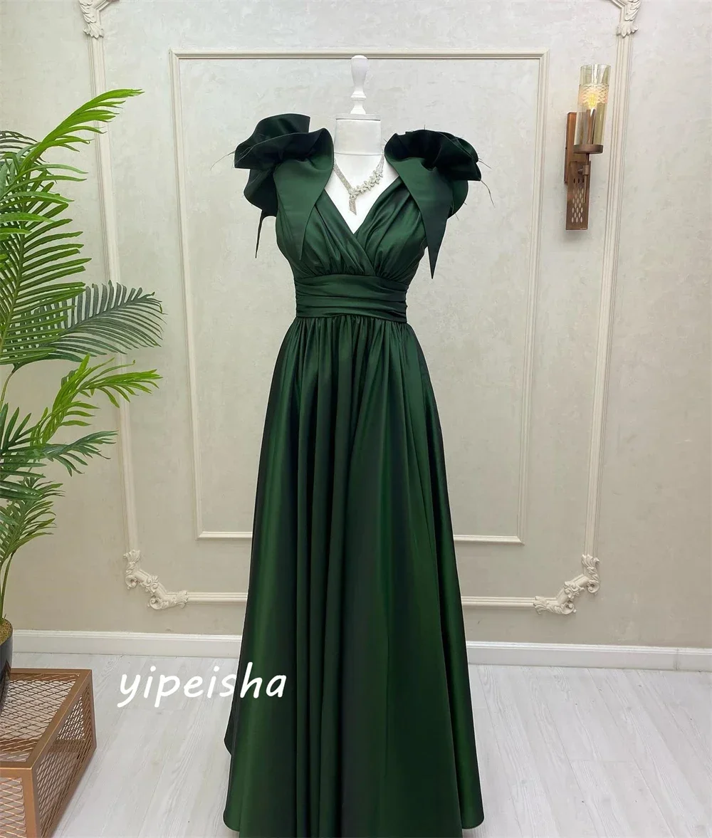 تخصيص الرجعية مطابقة أنيقة كلاسيكية جيرسي كشكش ريشة الطية ألف خط الخامس الرقبة فساتين طويلة فساتين السهرة الطراز الحديث S