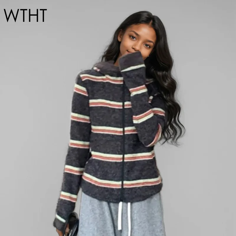 WTHT Trendy Women's Control Color Striped Plush Hooded Coat 2024 Winter Fashion New Long Sleeves Zipper Jacket Female 1LS527