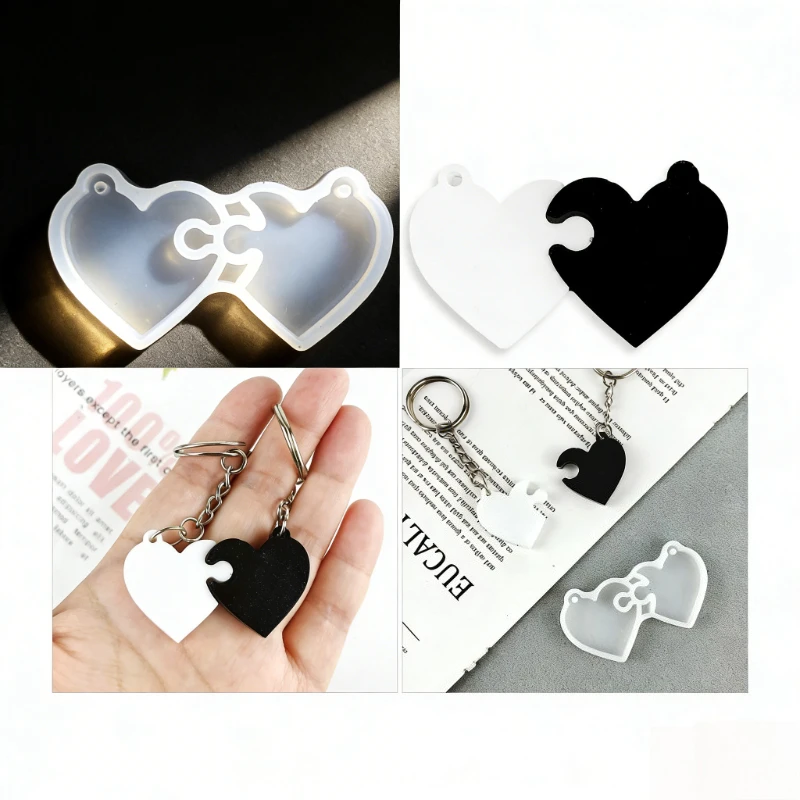 Heart Keychain Epoxy Resin Silicone Mold Puzzle Shape for Earring Pendant DIY Couple Craft Making Supplies Gift