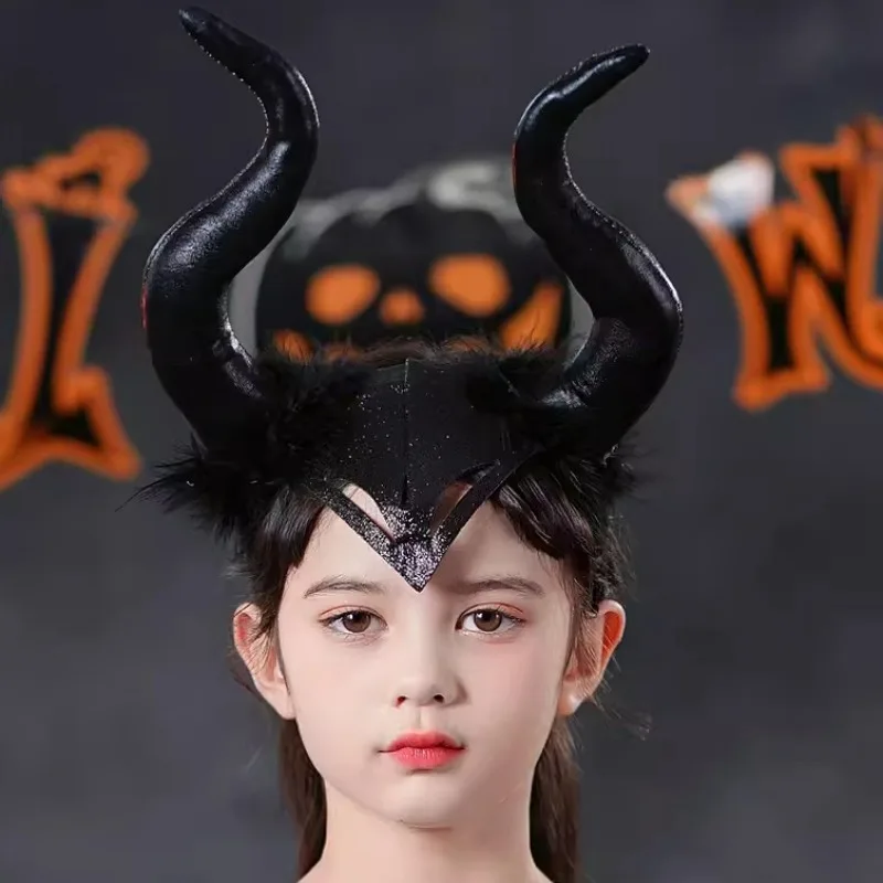 Halloween Witch Ox Horn Headband Light Devil Big Bull Horn Hair Hoop Evil Queen Plush Decorative Hair Band Dark Demon Headwear