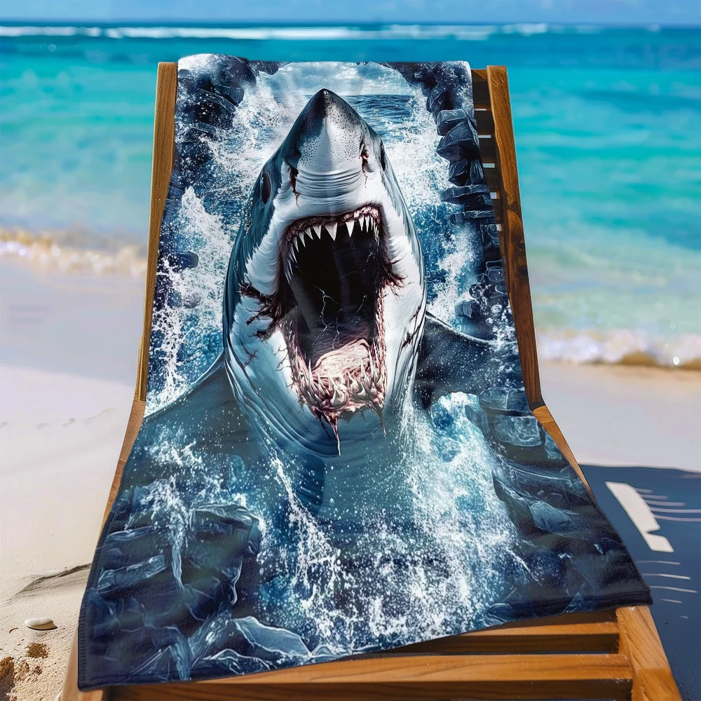 3D Great Shark Beach Towel Patterned Sunscreen And Windproof Suitable For Swimming Pool Camping Travel Blanket