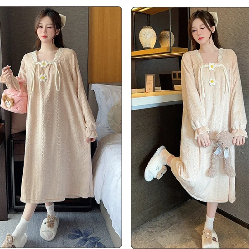 5XL Plus Size Winter Warm Nightgown Women Long Sleeve Thick Flannel Loose Nightdress Female Coral Velvet Sweet Home Sleepwear