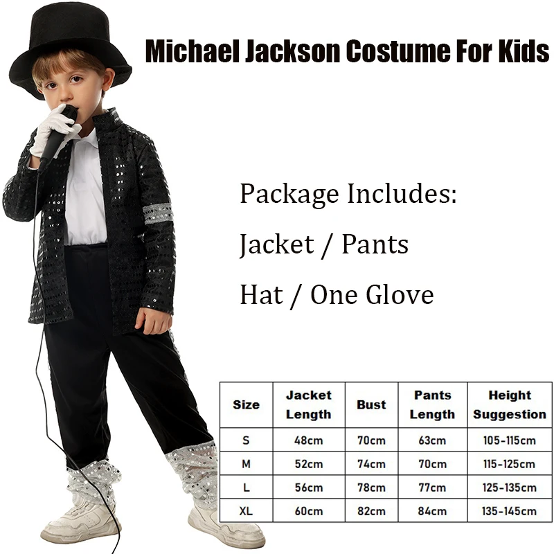 Boy Michael Jackson Billie Jean Cosplay Black Suit Dance Disco Halloween Fancy Dress Up 80s Pop King Costume for Kids