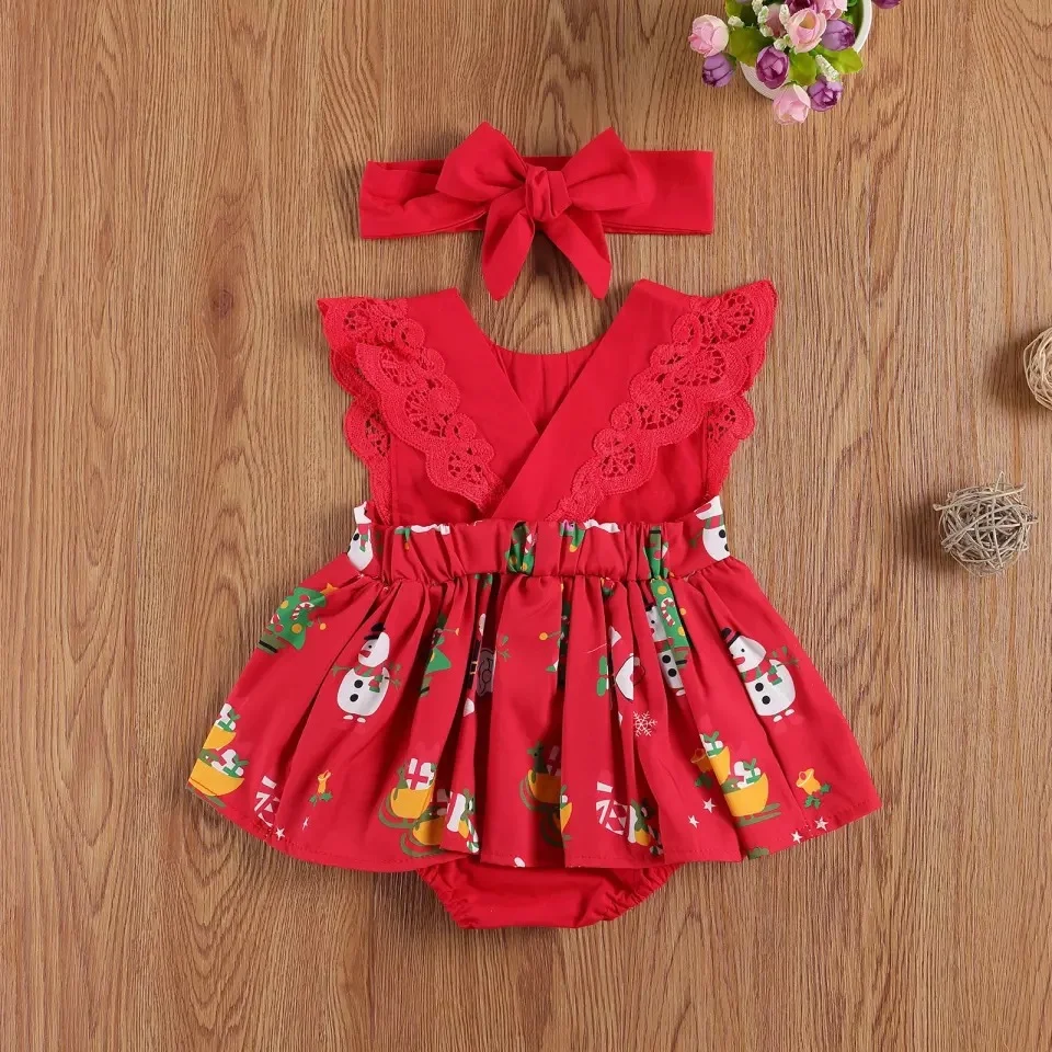 2PCS Newborn Jumpsuit Set Christmas Cartoon Printed Santa Claus Christmas Tree Snowman Baby Flying Sleeves And Infant Red Romper