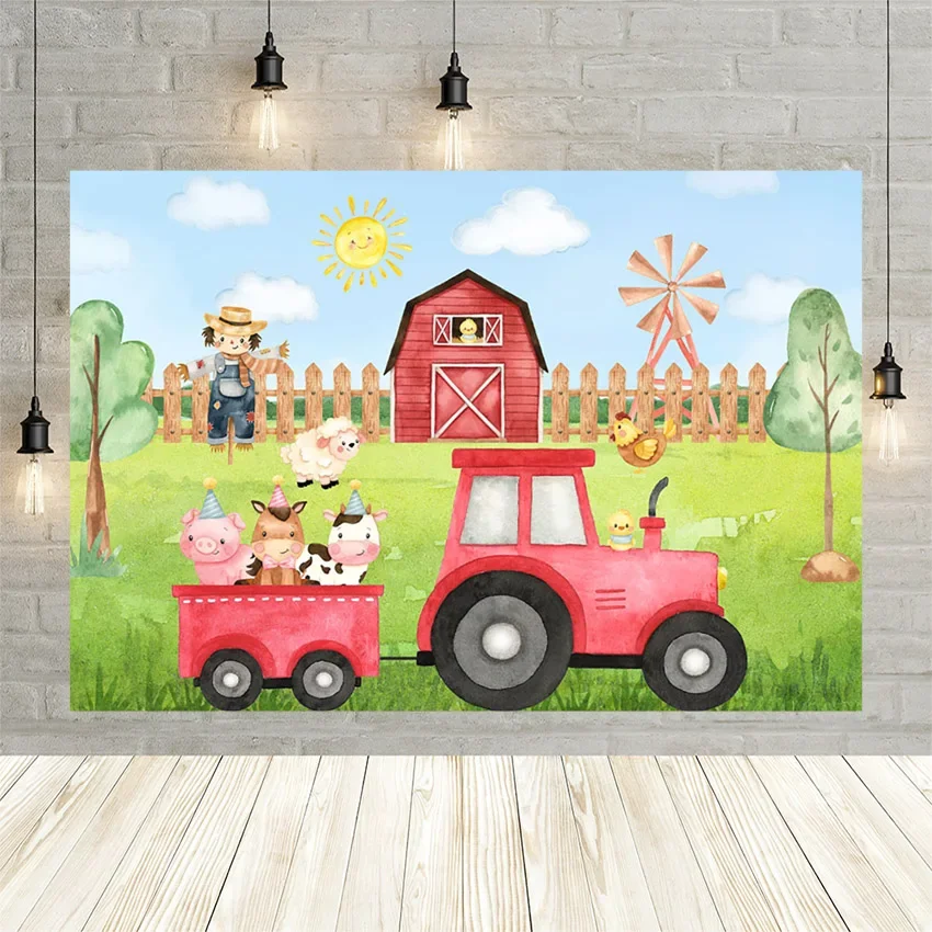 7X5FT Red Barn Farm Cow Baby Vaca Cottage Happy One Birthday Tractor Gear Custom Photo Backdrop Background Vinyl 220cm X 150cm