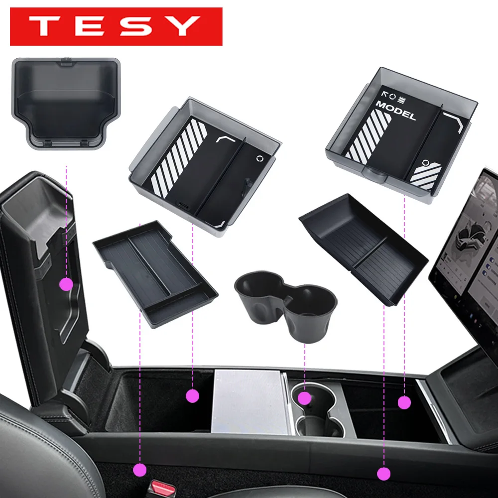 

Hidden Console Storage Tray Fits Tesla Model Y Juniper 2026 Model Y L Translucent Smoked ABS Box 2/4/6PCS Silicone Anti-slip Set