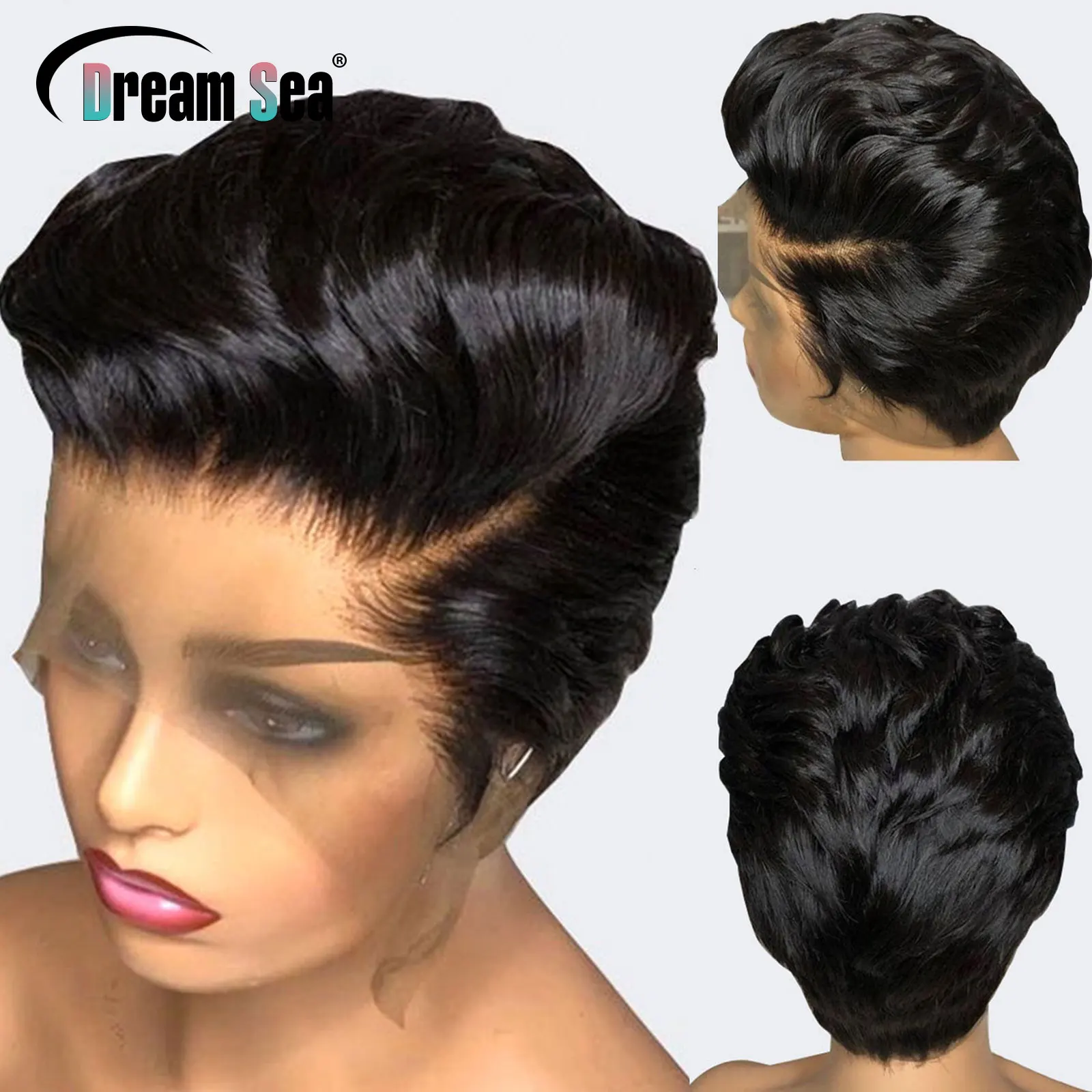 13x4 Side Part Pixie Cut Human Hair Wigs For Women Wavy Short Bob Lace Front Wig Glueless 180 Density Brazilian Hair Pre Plucked