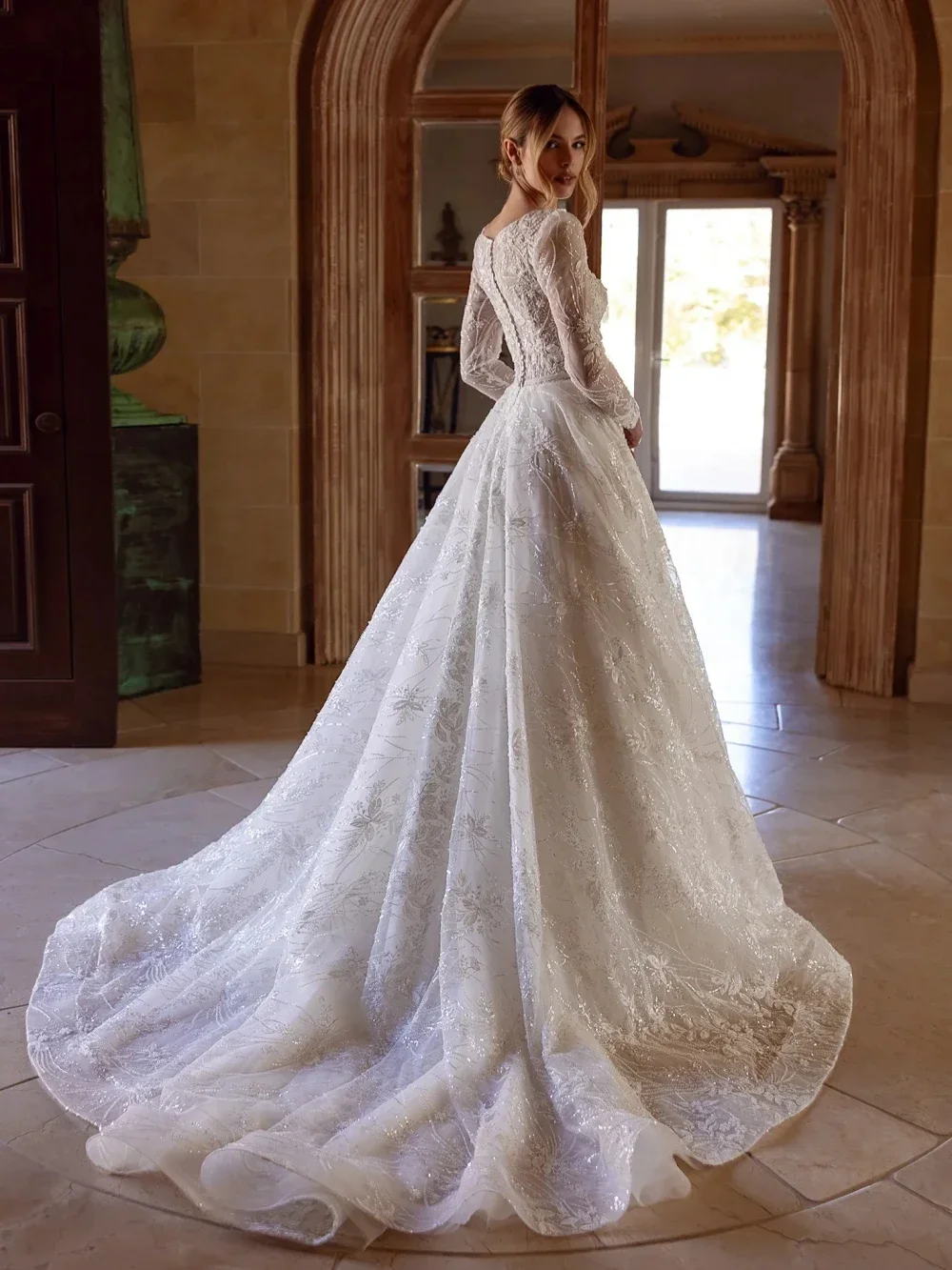 플라빈케 맞춤형 우아한 A라인 웨딩드레스 아플리케 진주 신부 가운 V넥 긴팔 레이스 베스티도스 데 노비아