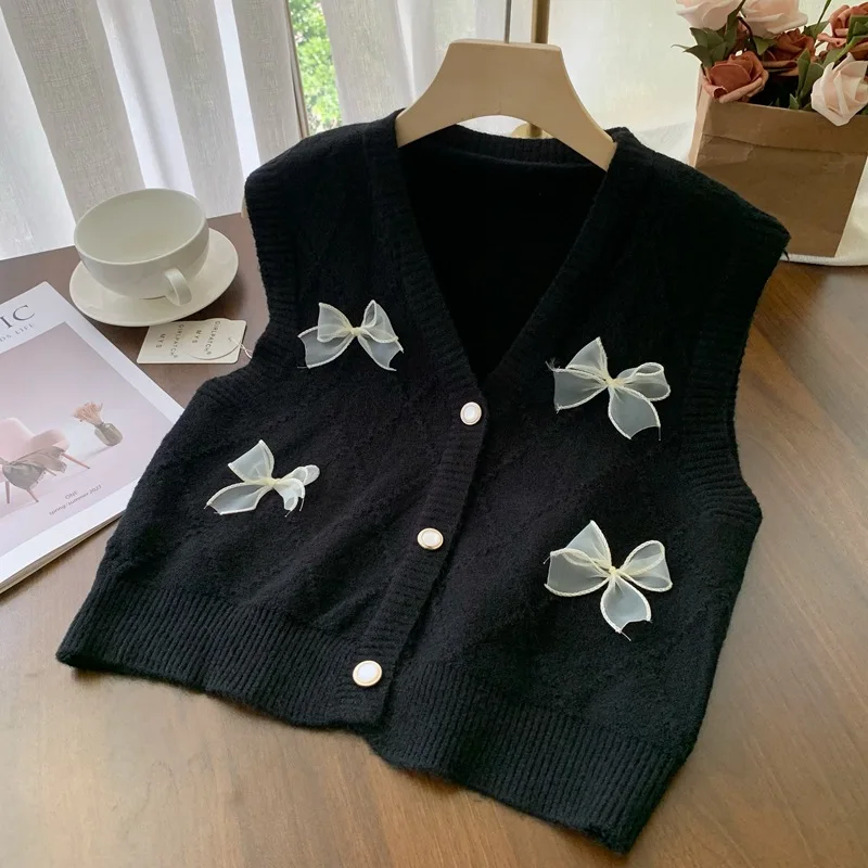 KUSAHIKI Butterfly Knot Knitted Vest Women\'s 2024 Autumn New Korean Style Causal Sweater Cardigan Waistcoat Jacket