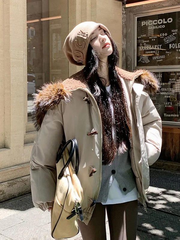 

Korean Sle Winter Thiened Bread Sle Coat Women's Loose Fit Cotton Jaet with Fur Collar Zipper ket Long Sve or...