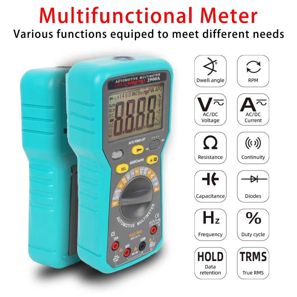 2900A Digital Multimeter 6000 Counts Dwell Angle RPM Meter AC DC Voltage Current Crystal Triode hFE Parameter Automatic Gauge