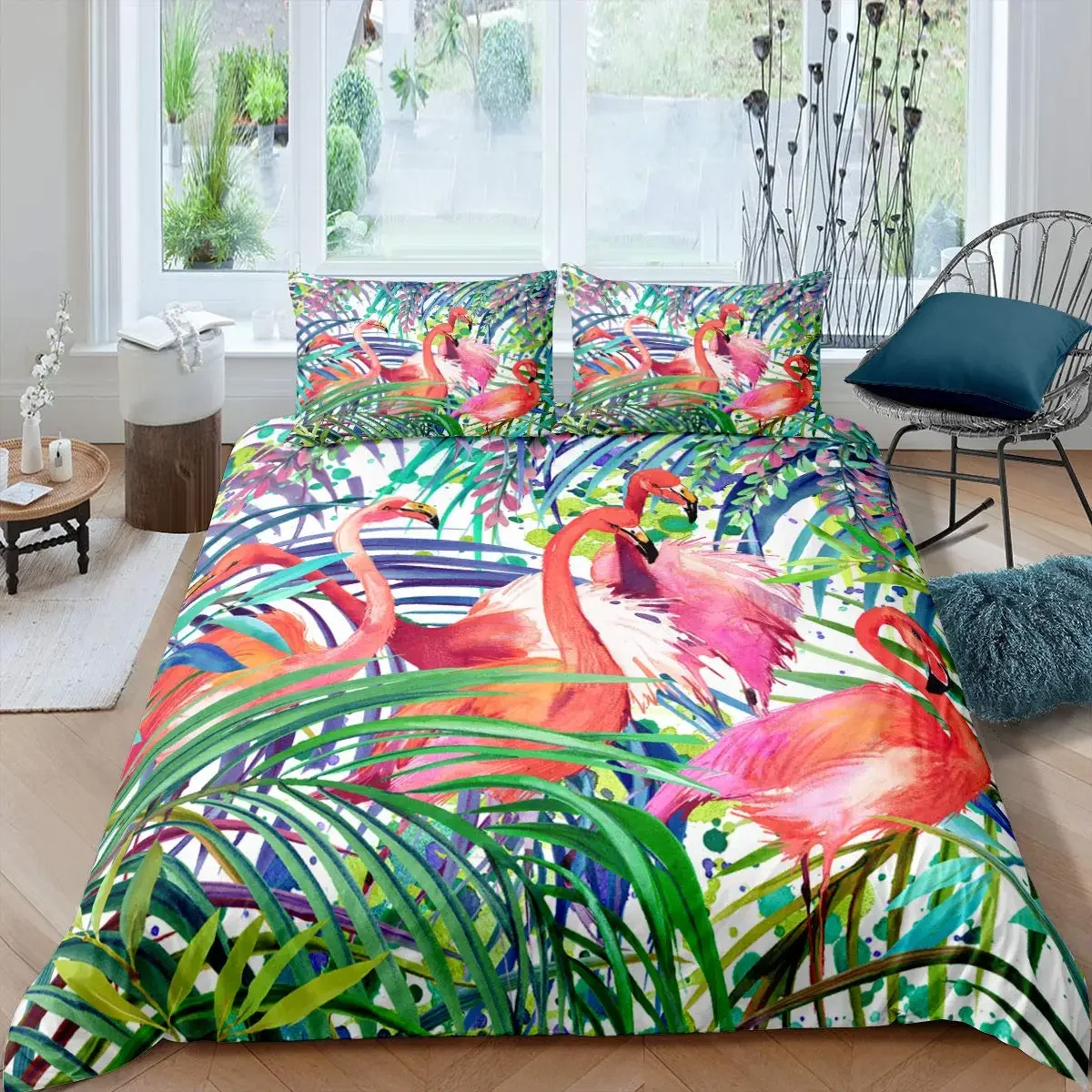 Duvet Cover Pink Flamingo Duvet Cover Tropical Palm Leaf Tree Pattern Theme Wildlife Habitat for Children Teens Adult Room Decor