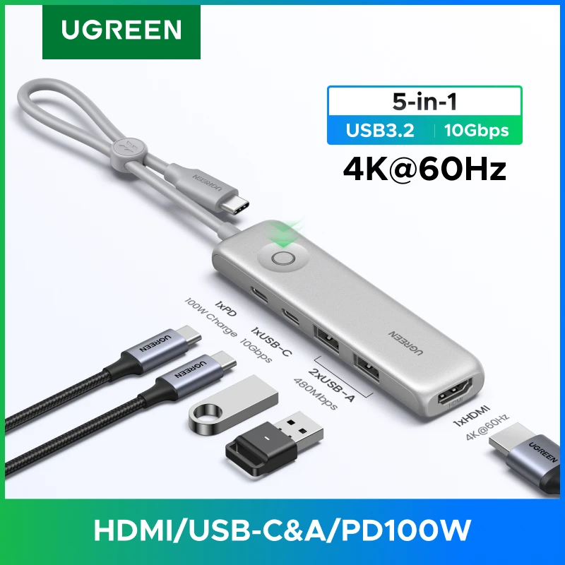 

UGREEN USB-C HUB 5-в-1, USB3.2 Gen2, передача данных 10 Гбит/с, Type-C на 4K60Hz HDMI, порты USB2.0, PD100W для ноутбуков MacBook, HP, Dell