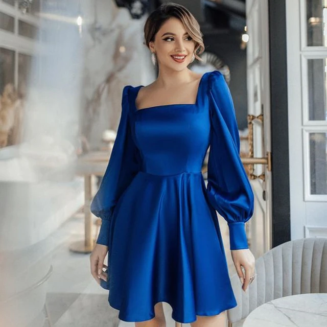 Stuning Royal Blue Short Prom Dresses Puffy Long Sleeves Square Neck Mini Length Girl Homecoming Party Gowns Maxi AliExpress