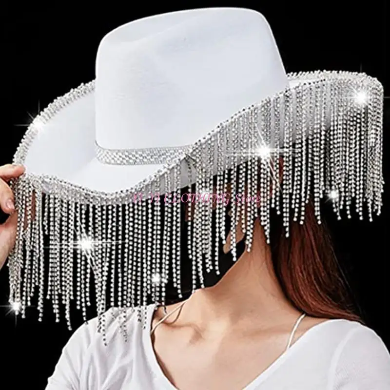Rhinestones Cowboy Hat for Girls Rhinestones Fringe Glitter Rave Cowgirl Hat Birthday Party Hat Costume Accessory
