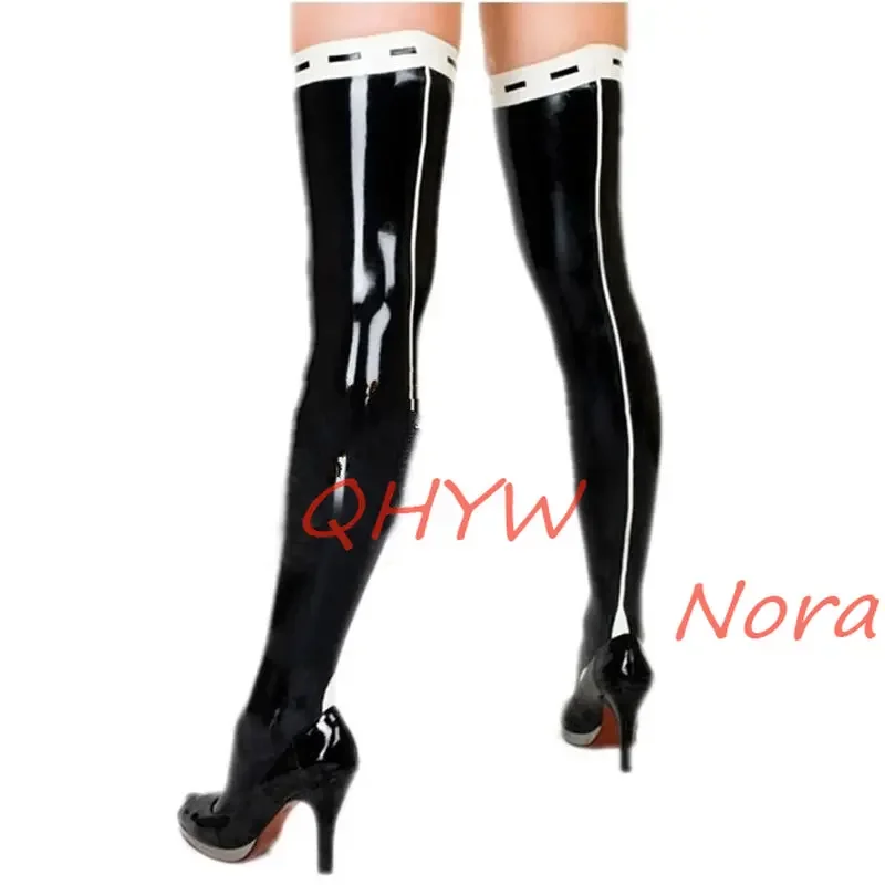 Handmade Latex Stockingg Black with White Rubber Long Tight Socks for Women Wear with Dress Cosplay Costumes