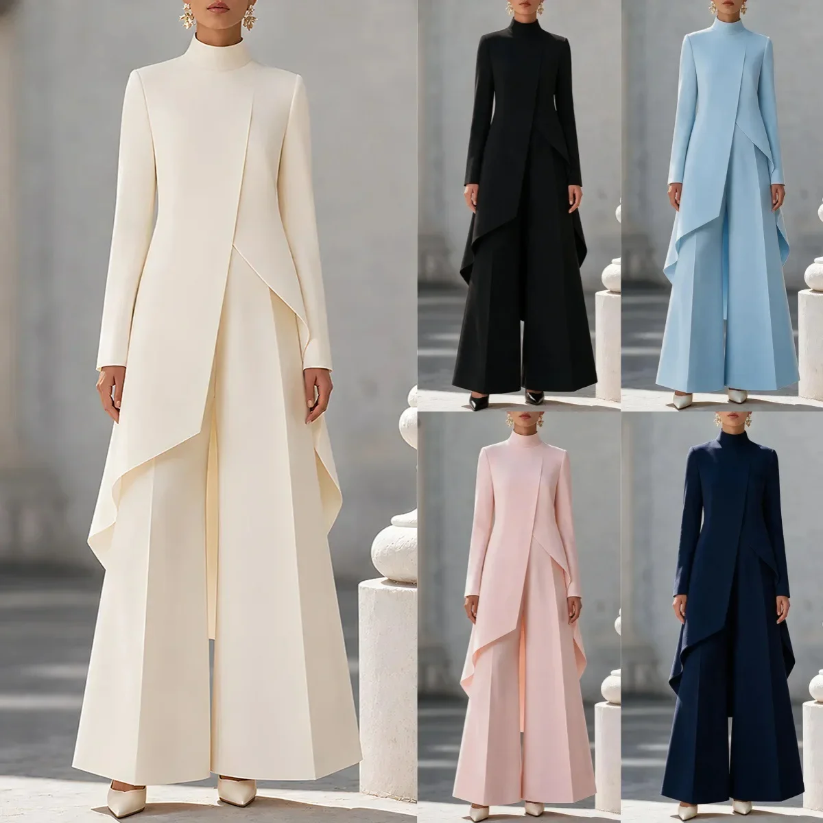 Women Semi Turtleneck Long Sleeve Layered Wide Pants Sets Two 2 Piece Sale Elegant Business Formal Office Workwear Outfits
