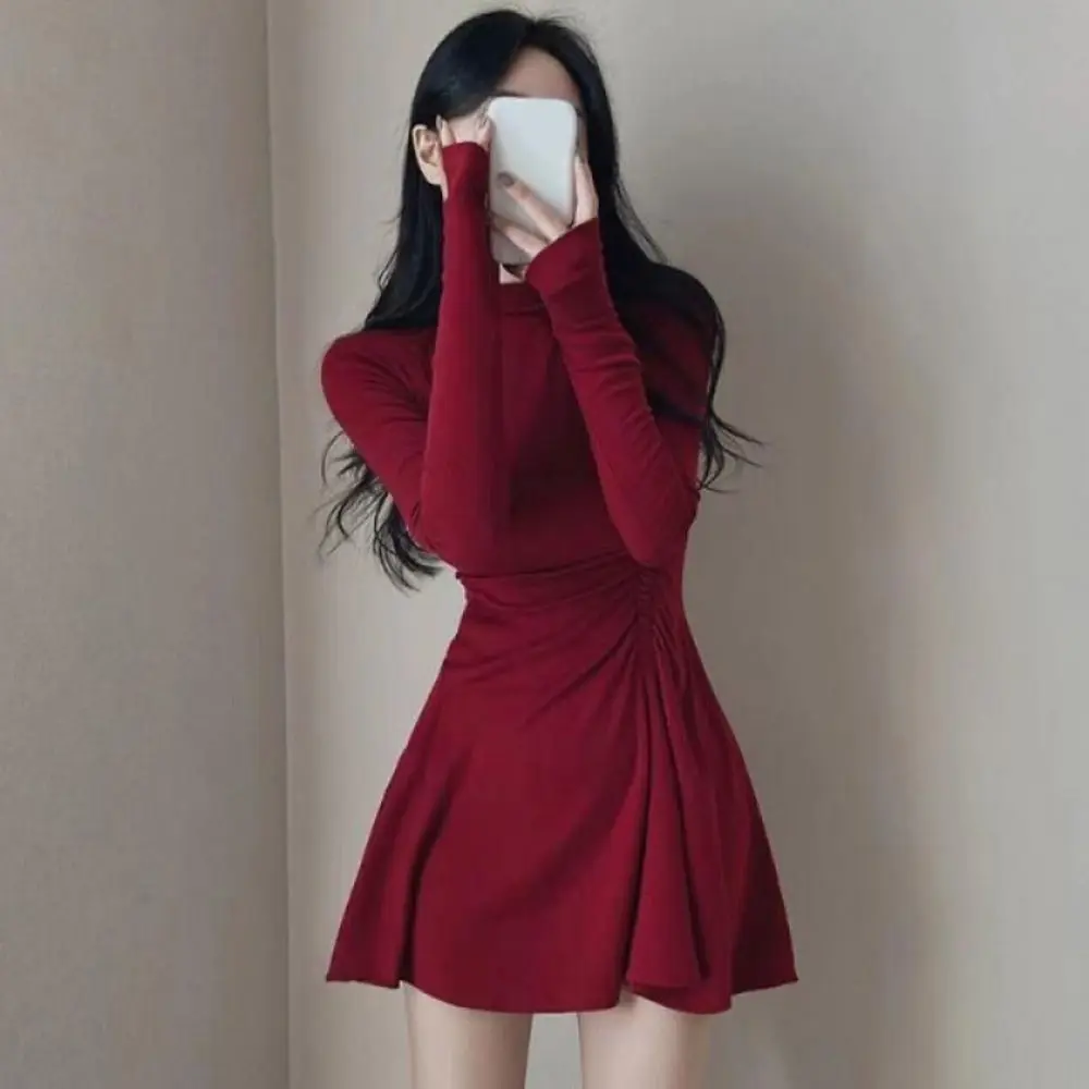 فستان أحمر للكريسماس بأكمام طويلة على شكل حرف a مطوي للفتيات فستان غير منتظم بنصف ياقة عالية تنورة قصيرة فستان رقيق نحيف للسيدات/الفتاة #4