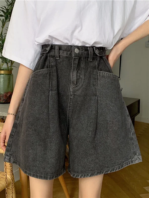 High Waist Straight Leg Thin Denim Shorts Women Summer Fashion Wide Leg Five-Quarter Pants Slimming Trendy Hot Pants
