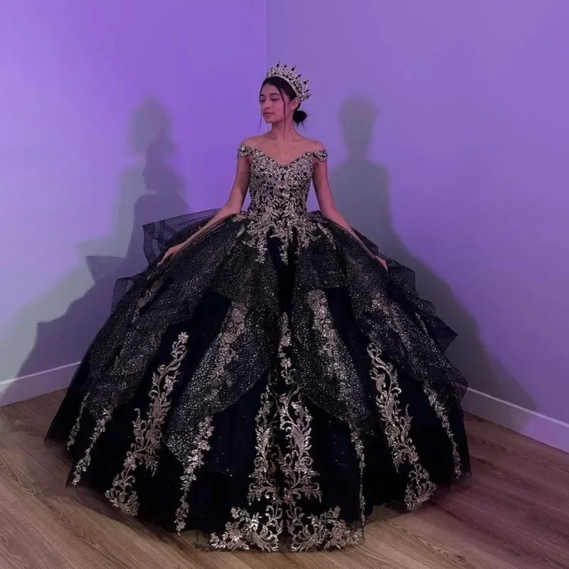 ANGELSBRIDEP-corsé de lentejuelas negras para quinceañera, largo con Apliques de encaje vestido de baile, princesa dulce 16, vestido de novia, 2024