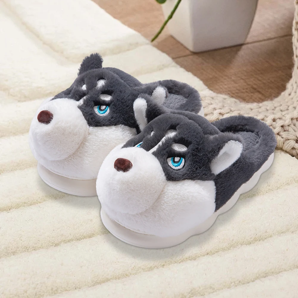 

Plush Husky Slippers Flat Thermal Slippers Anti Slip Cartoon Animal Slippers Comfortable Fluffy Home Slippers for Indoor Bedroom