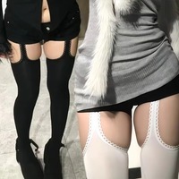 Women Suspender Wide-banded Velvet Tights Lolita Thin Thigh High Stockings with Garters Y2K JK College Style Over The Knee Socks