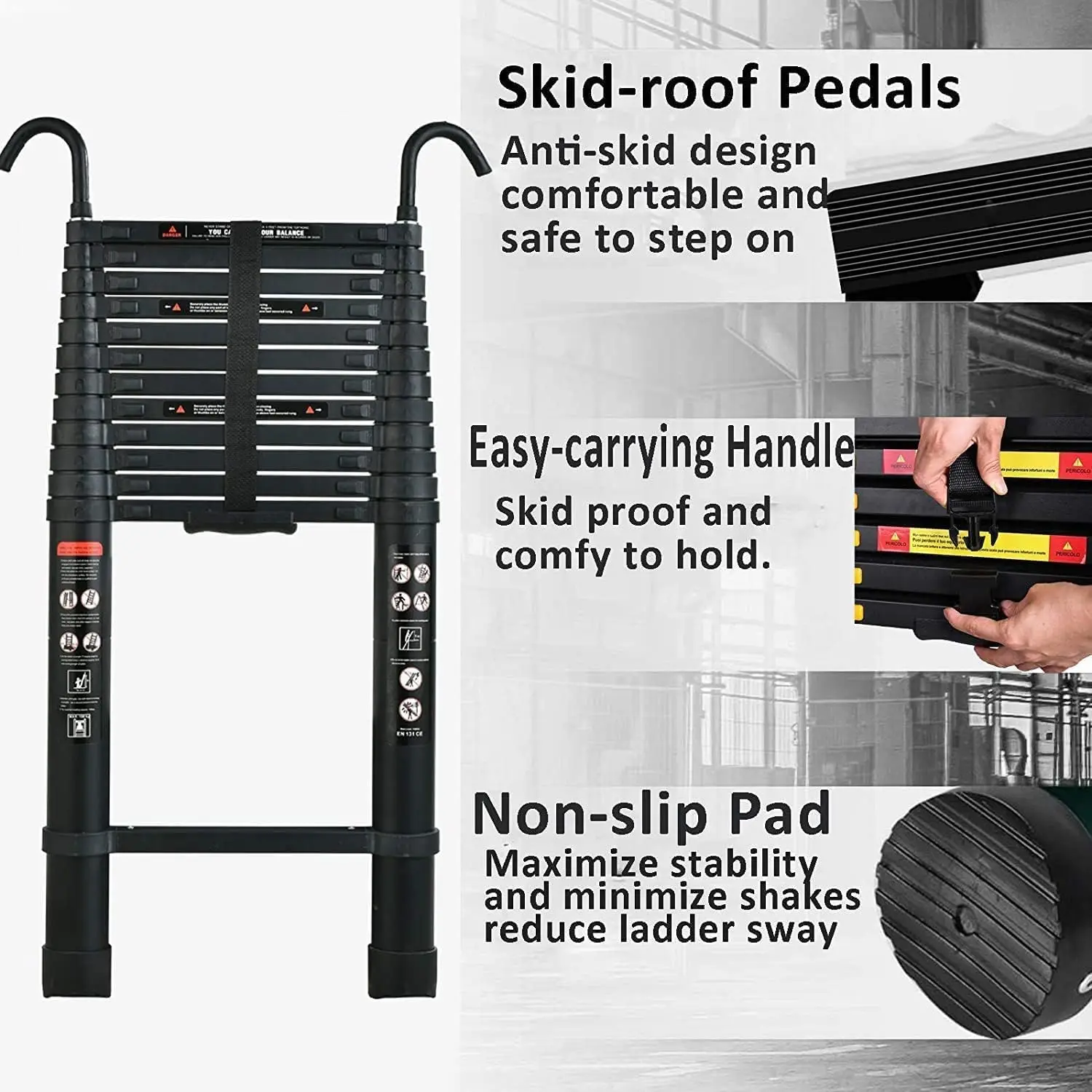Multi-Purpose Telescopic Ladder w/Removable Hook ，Aluminium Folding Ladder Non-Slip Extendable Step Ladder Load 150 kg