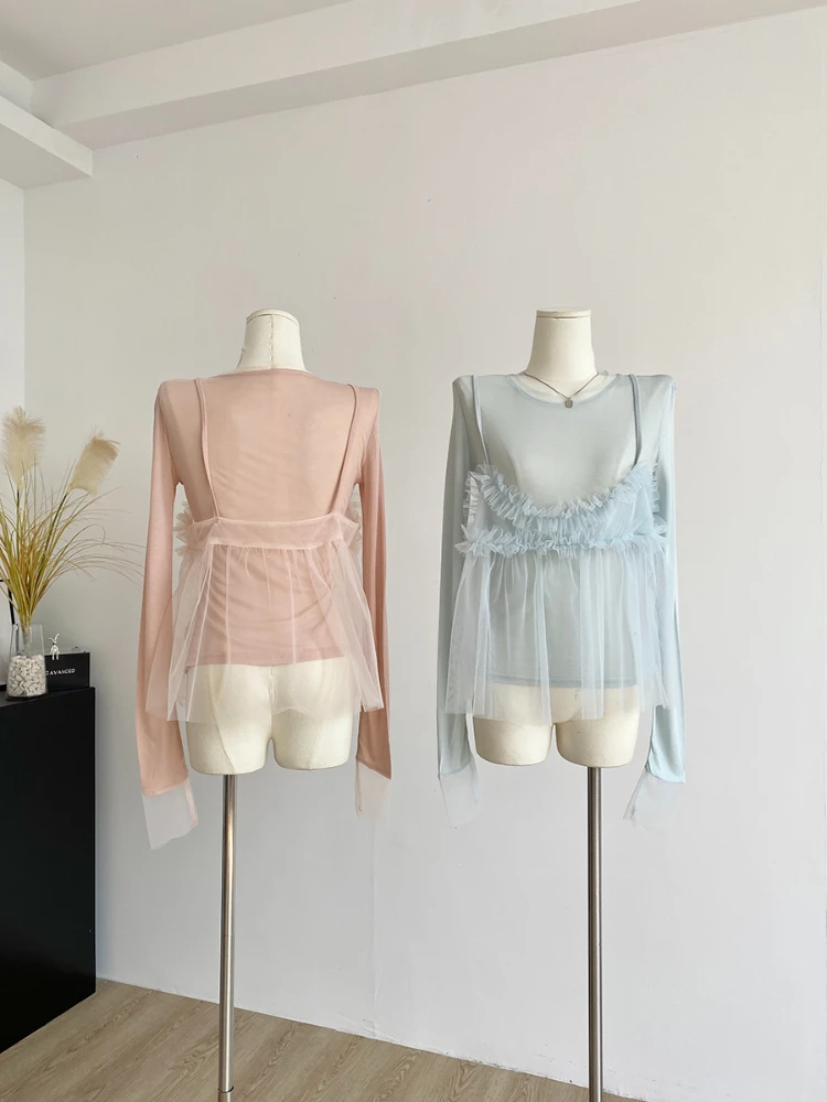 Coréen en mousseline de soie jarretelle à manches longues T-Shirt femmes rose maille épissé T-shirt 