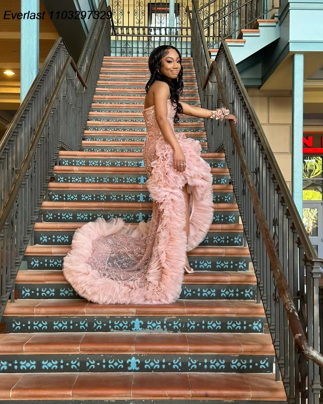 EVLAST Customized Rose Pink Ruffles Prom Dress For Black Girls Diamond Rhinestone Beaded High Slit Party Gala Gown TPD141