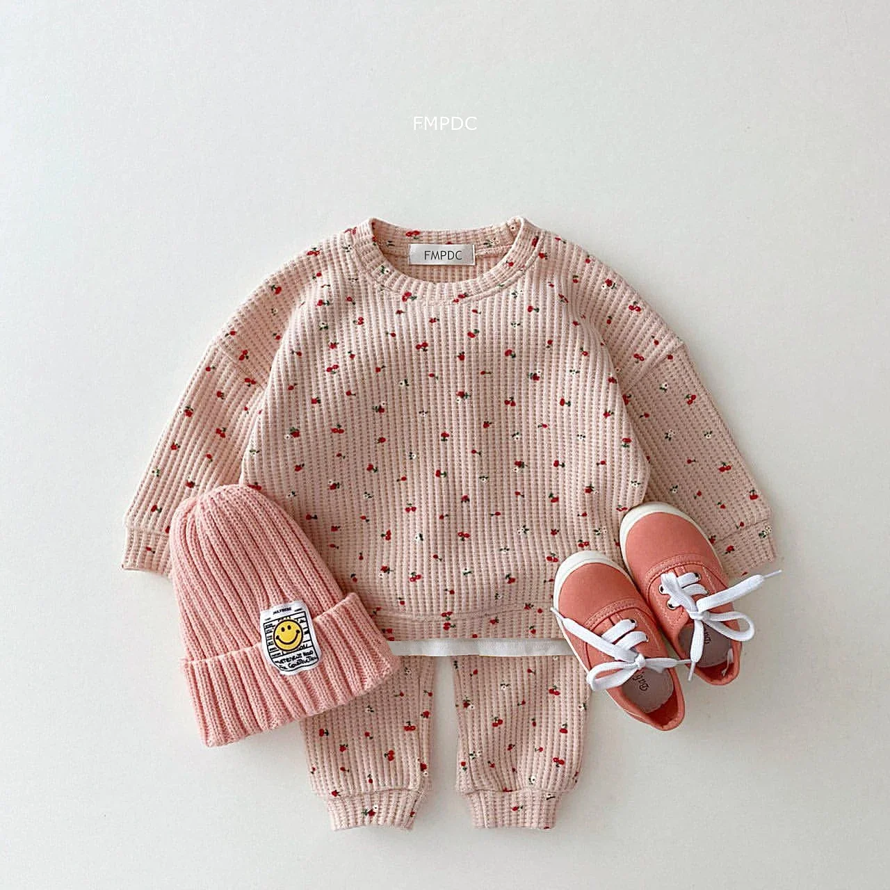 

2022 New Toddler Kids Waffle Cotton Clothes Set Fruits Print Sweatshirt + Casual Pants Boys Suit Baby Girl Outfits