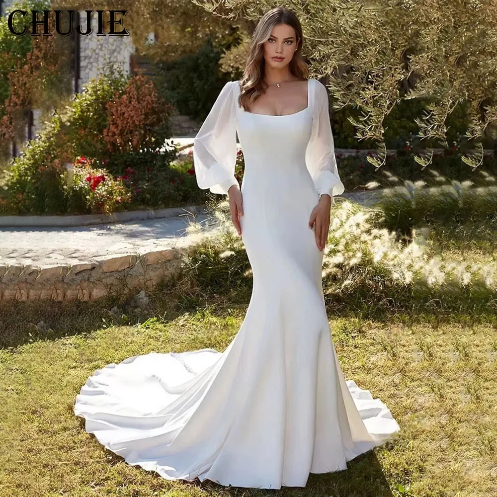 

Long Sleeves Simple Wedding Dresses Elegant Mermaid Bridal Gowns With Train Customized Classic Bride Dress Vestido de novia