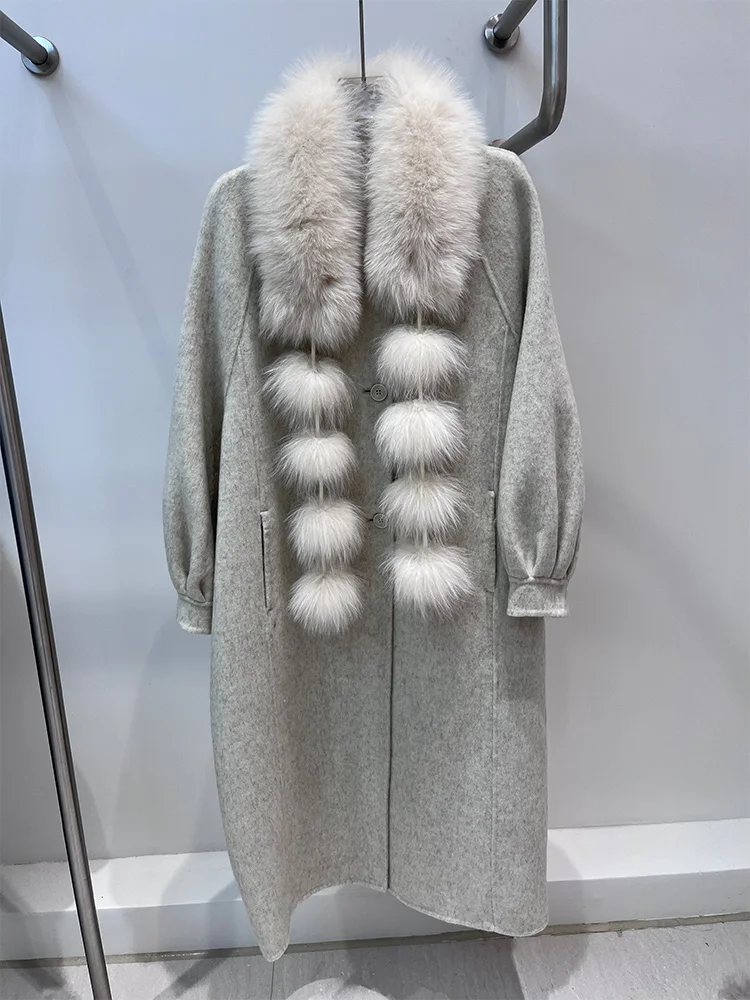 Zimowa kurtka z prawdziwego futra damska długa kaszmirowa wełniana płaszcz z naturalnym kołnierzem z futra lisa szal luksusowa gruba odzież wierzchnia damska