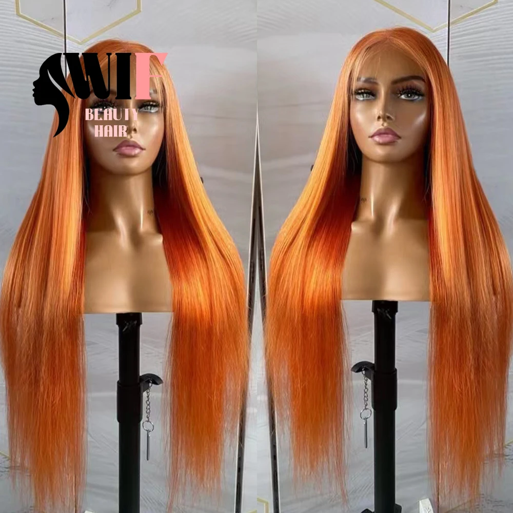 WIF Orange Hair Synthetic Wig Middle Part Long Straight Bright Orange Color Lace Front Wigs Heat Resistant Makeup Cosplay Hair